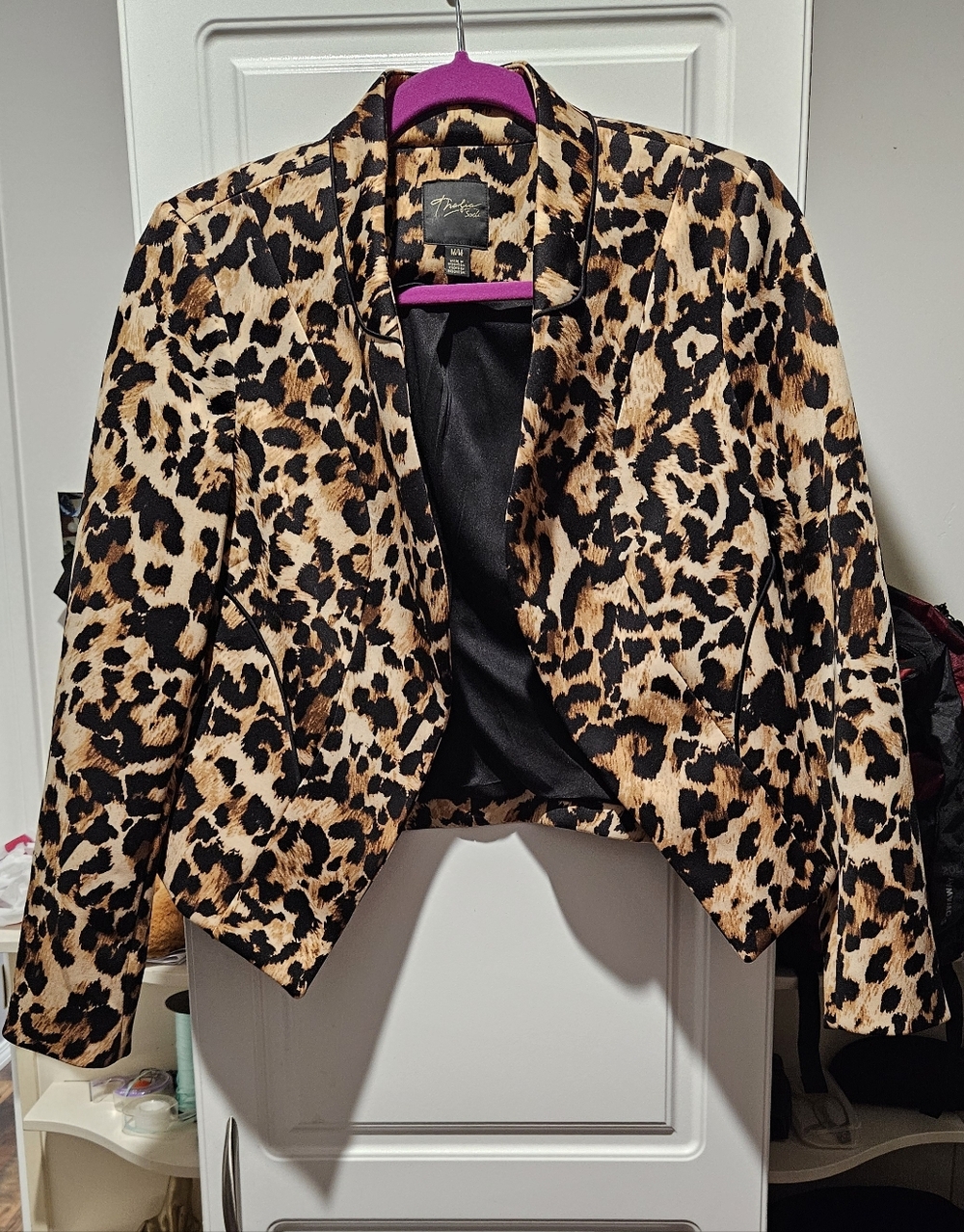 Thalia Sodi Leopard Print Cropped Blazer in Black and Brown
